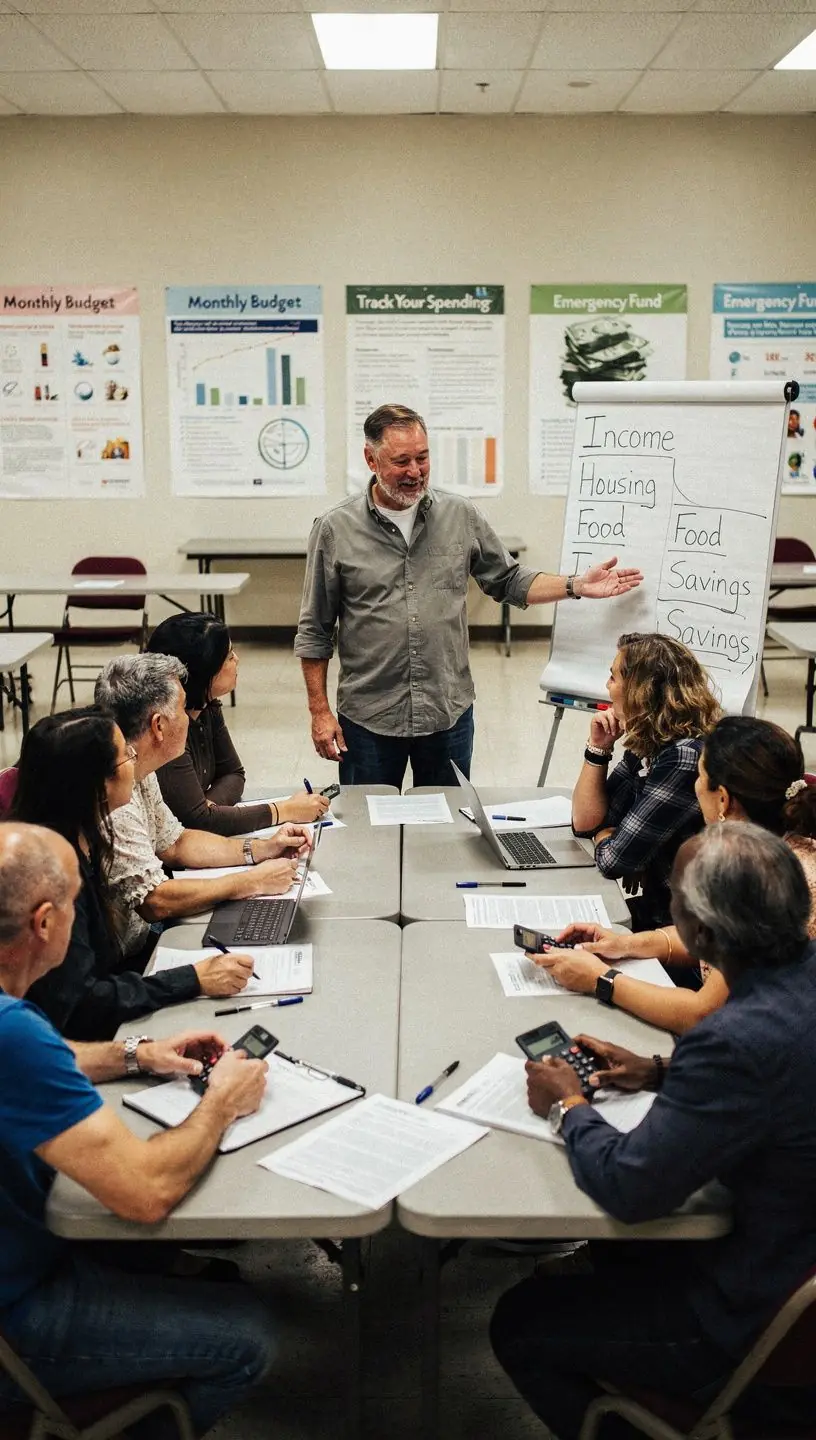 Csoportos tanulás egy offline pénzügyi szeminárium során, interaktív beszélgetéssel.